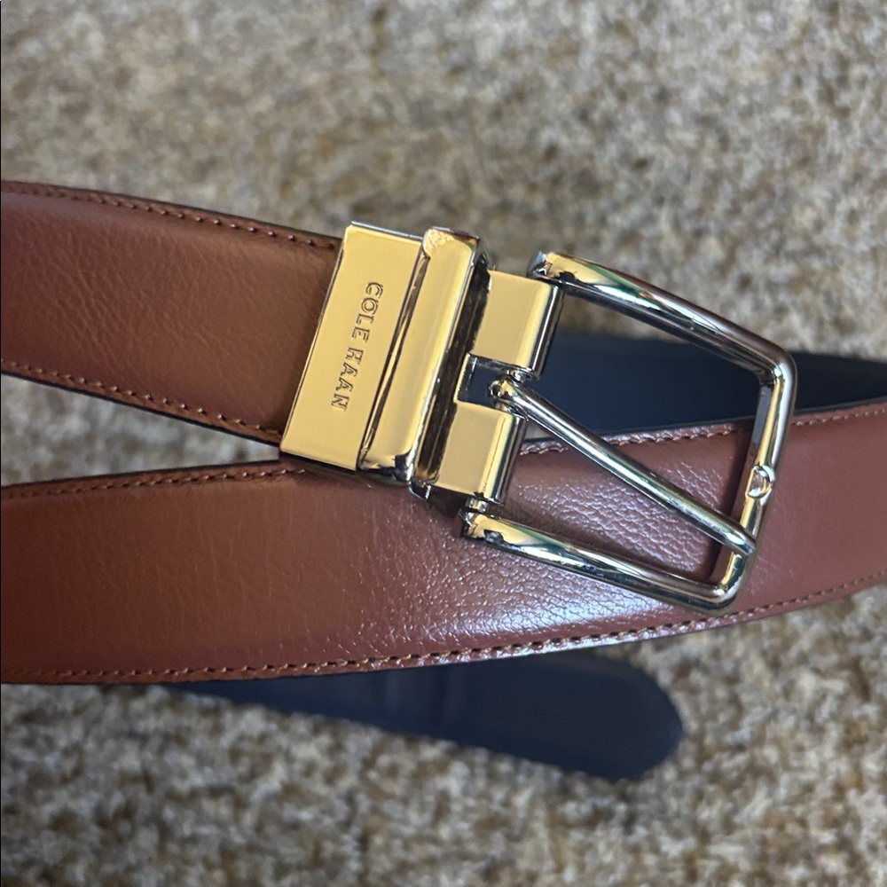 Cole Haan Men's Reversible Feather Edge Belt Cognac Brown-Navy Blue L